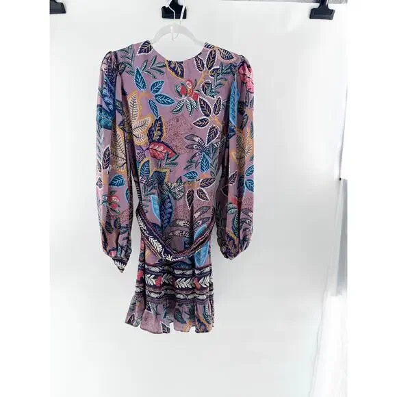 FARM Rio Wild Night Puff Sleeve V-Neck Belted Mini Dress Lavender Women's Large - Picture 3 of 4